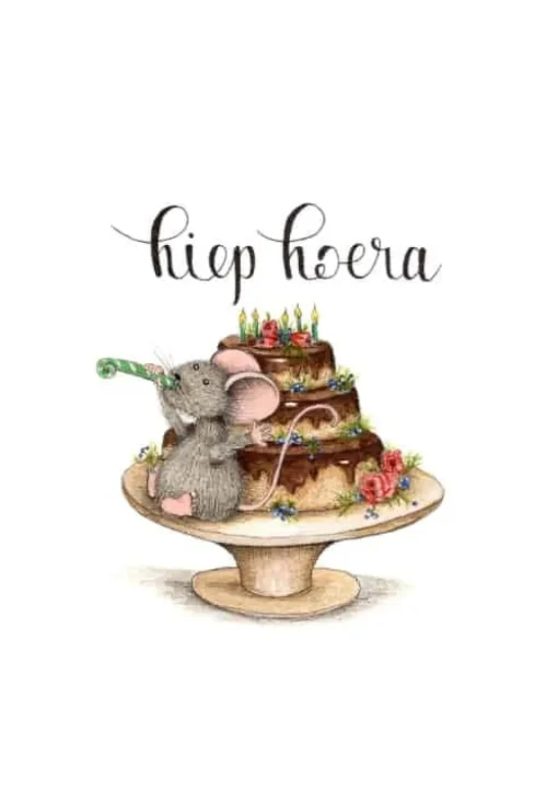 Anillustration Ansichtkaart Muis op verjaardagstaart